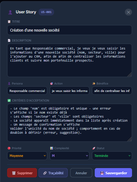 Capture LA TEAM — user stories générées avec priorisation MoSCoW et critères d'acceptation